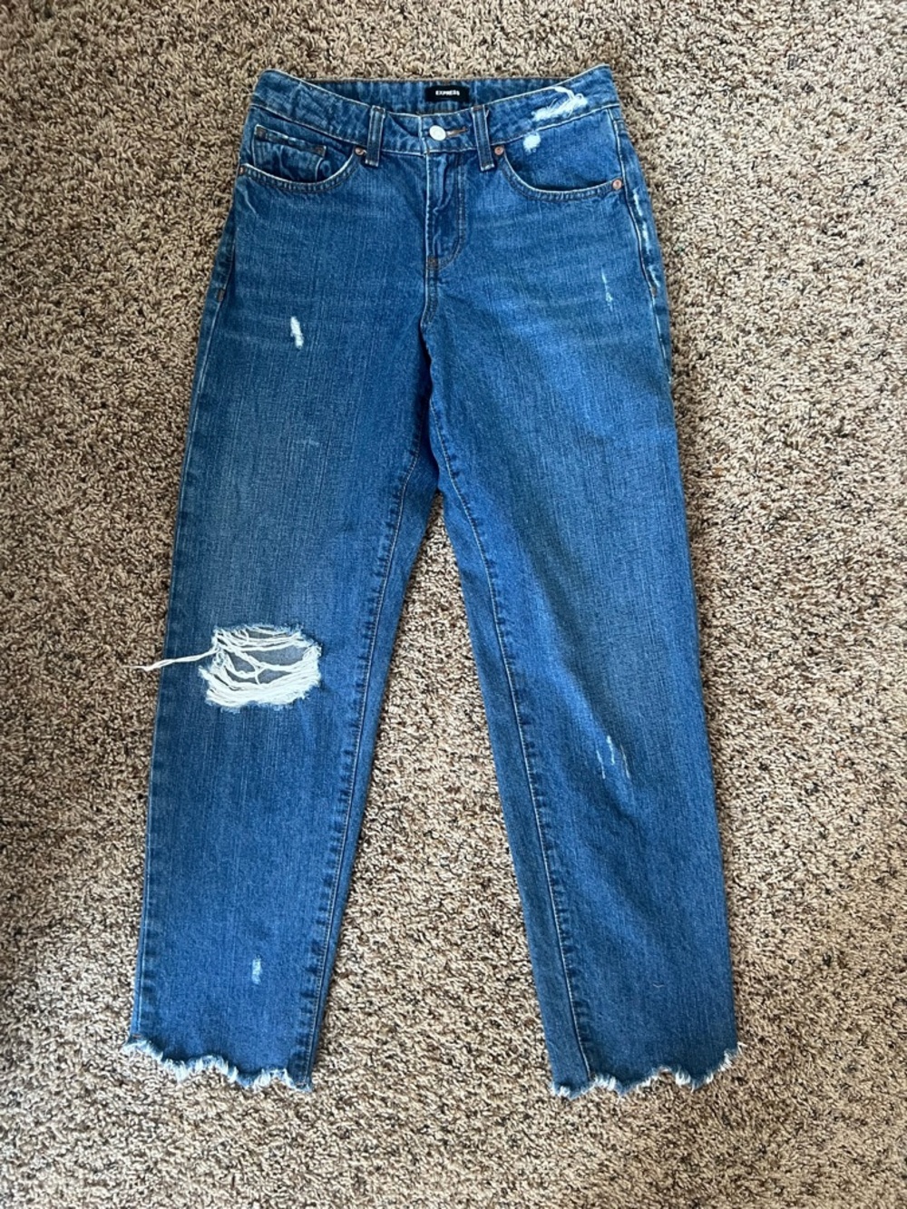 Express Women's Distressed Dark Blue Mid-Rise  Boyfriend Jeans